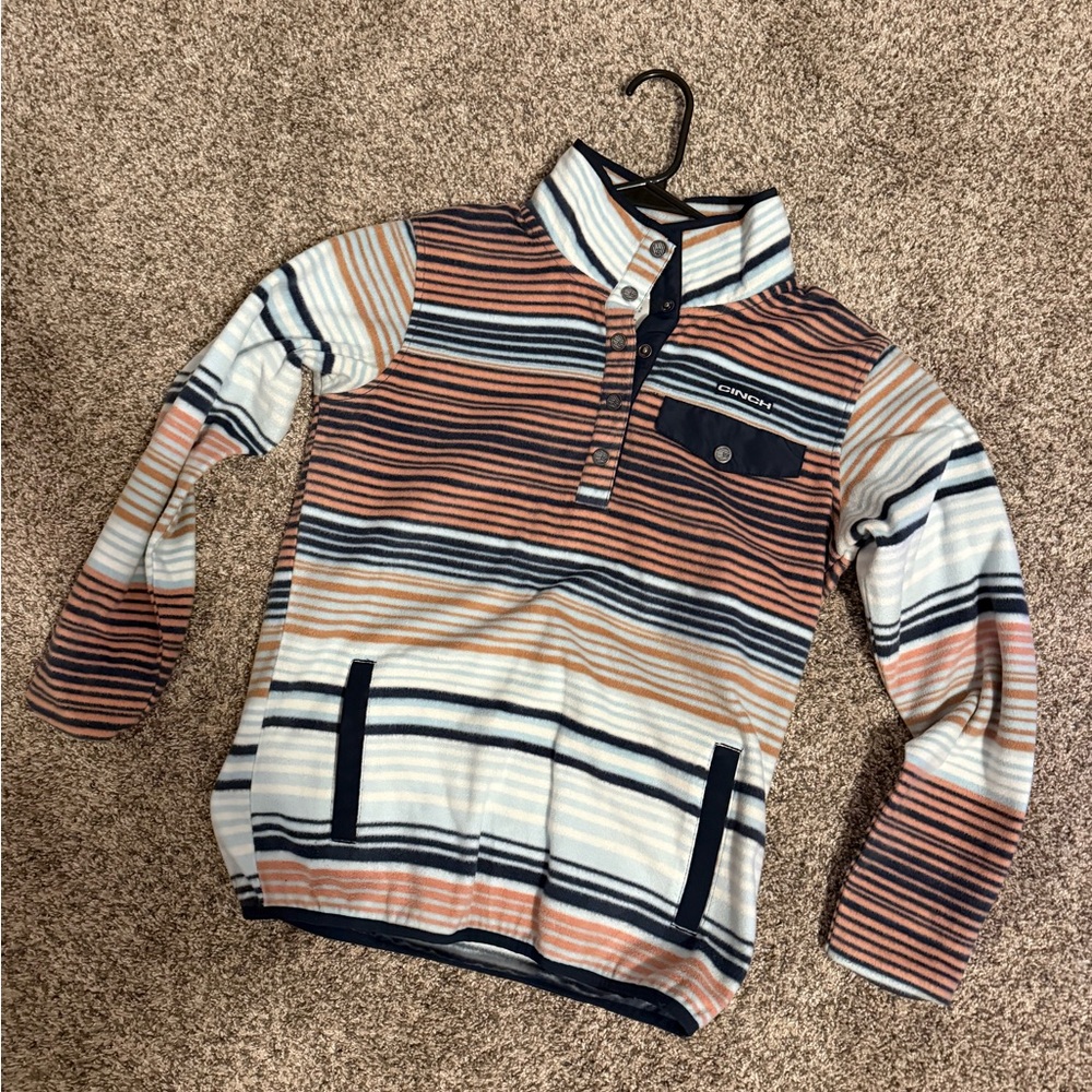 Cinch Striped Henley Pullover in Coral, Navy & Cream
